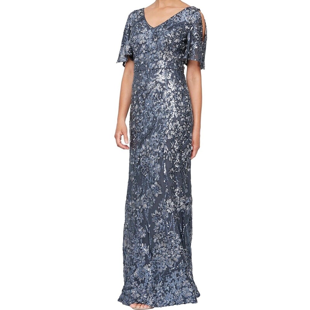 Alex Evenings Women's Sequin Stretch Lace Cold Shoulder Gown, Sz 14
